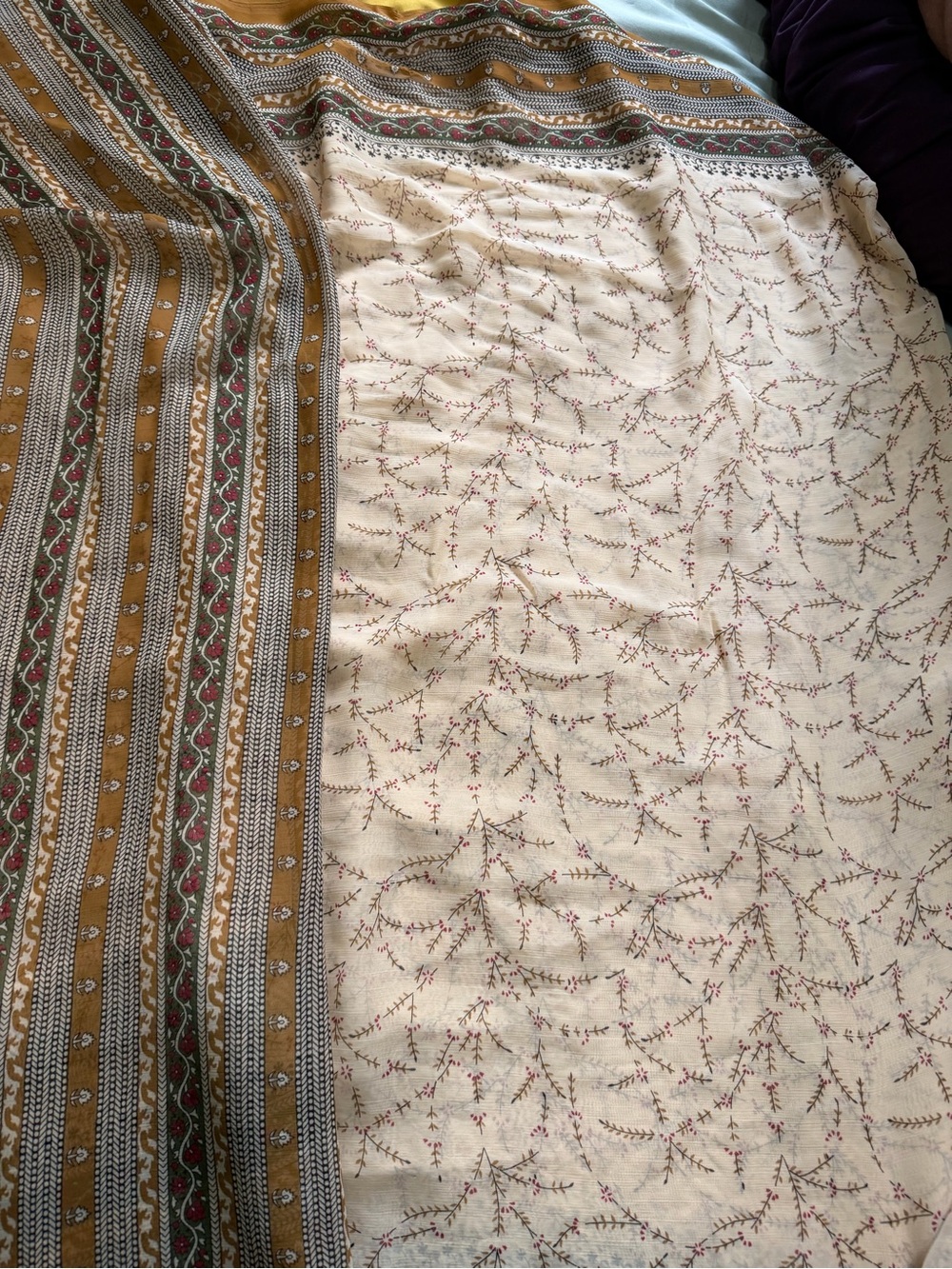 Boho Floral Stripe Saree- Cream, Mustard, Olive